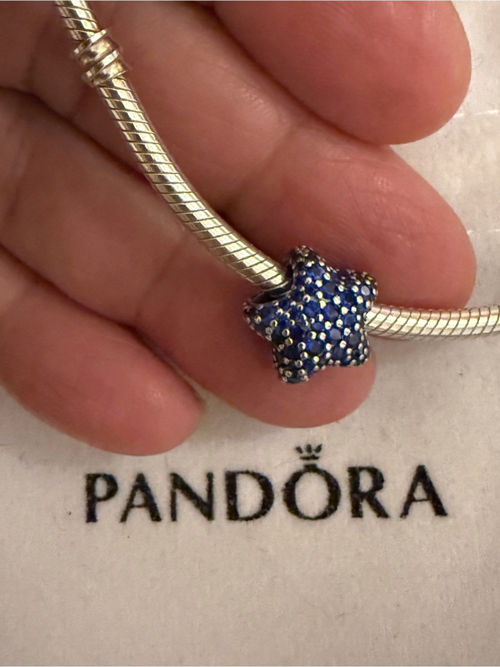 Pandora Blue Star Pave Charm on Sterling Bracelet
